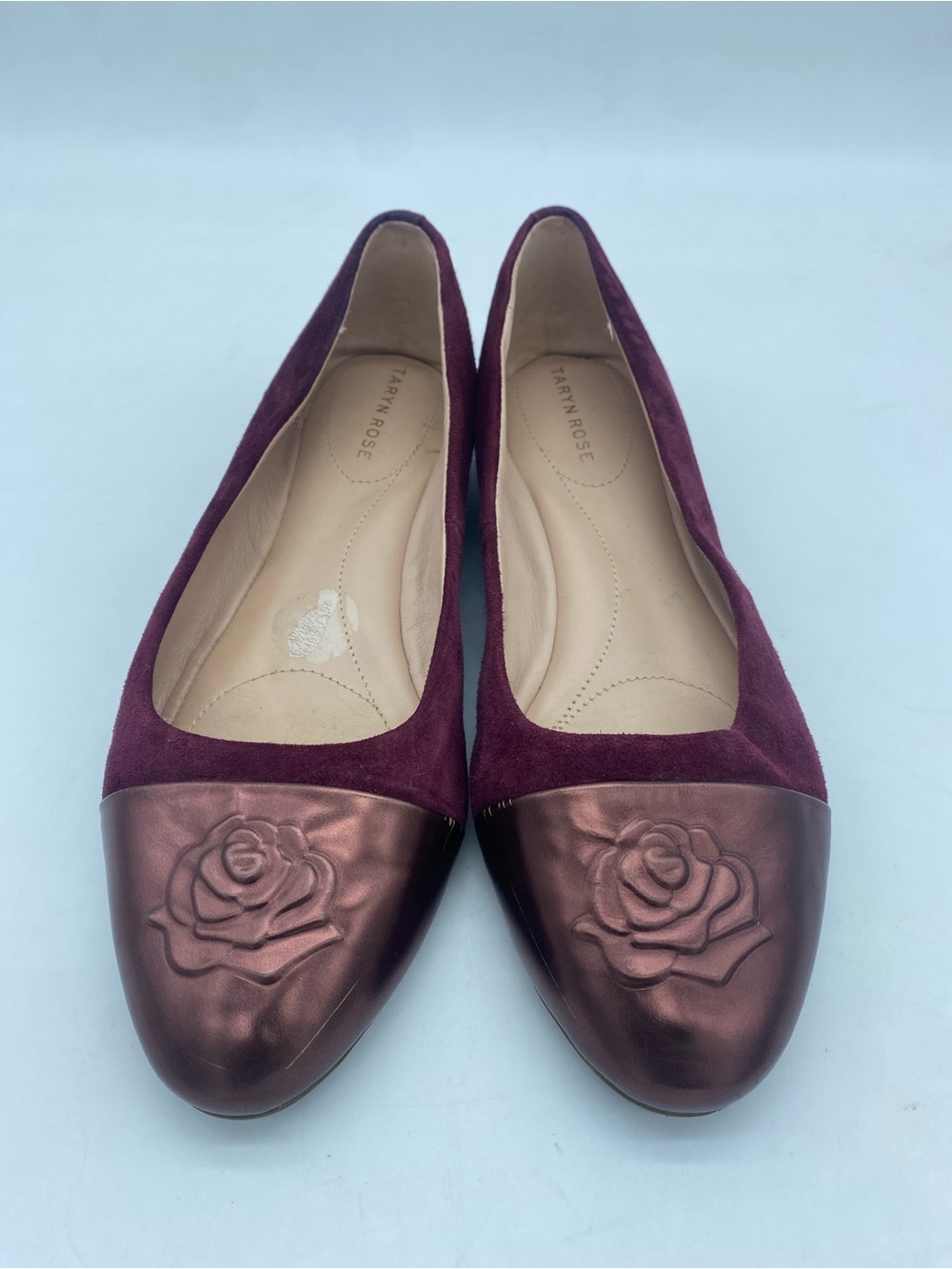 Taryn Rose Plum Suede Flats with Metallic Rose-Toe Caps